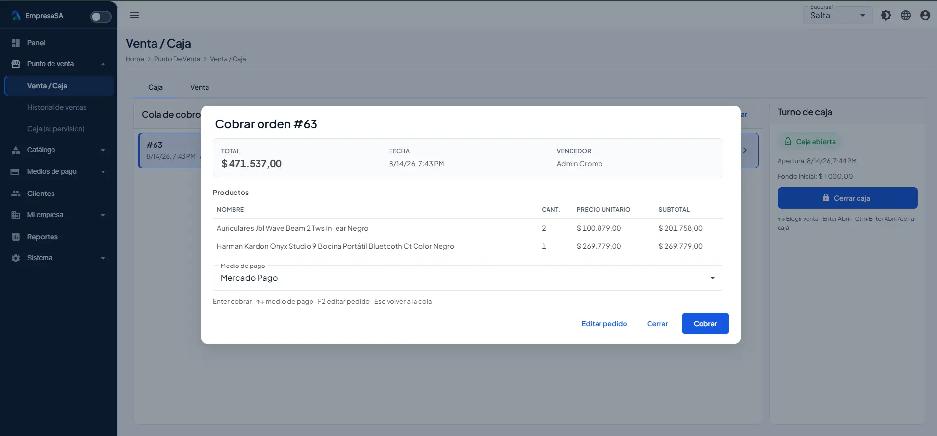 Sistema de caja Alfa: cobro de una venta con Mercado Pago